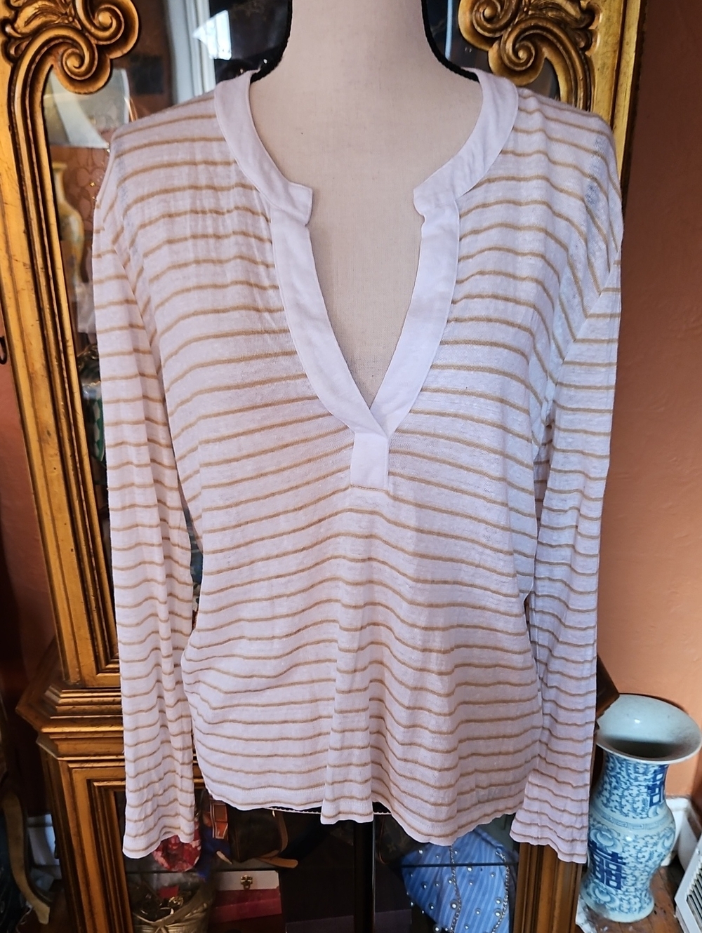 Vineyard Vines White and Tan Striped Linen Top